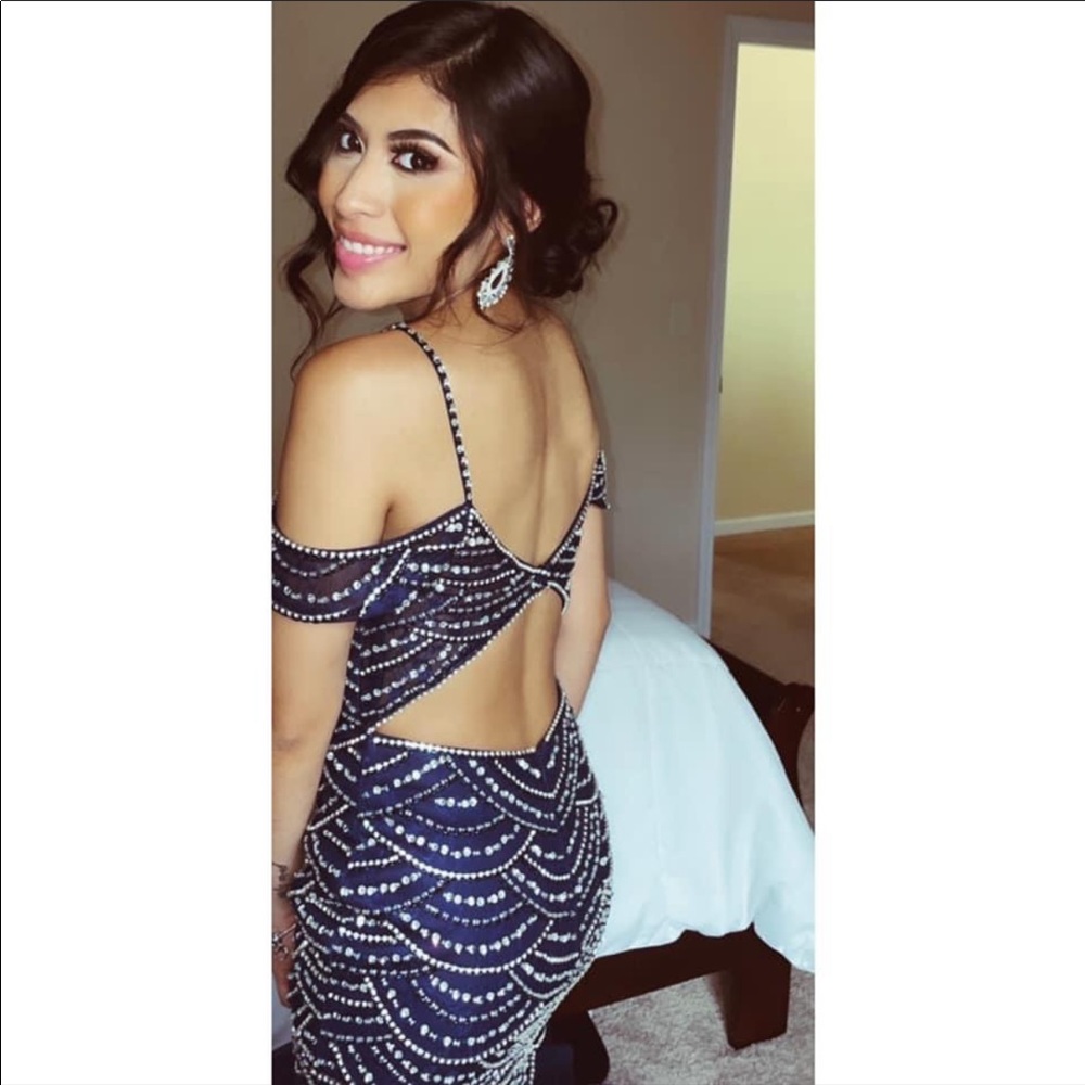 A navy blue beaded XXS long dress